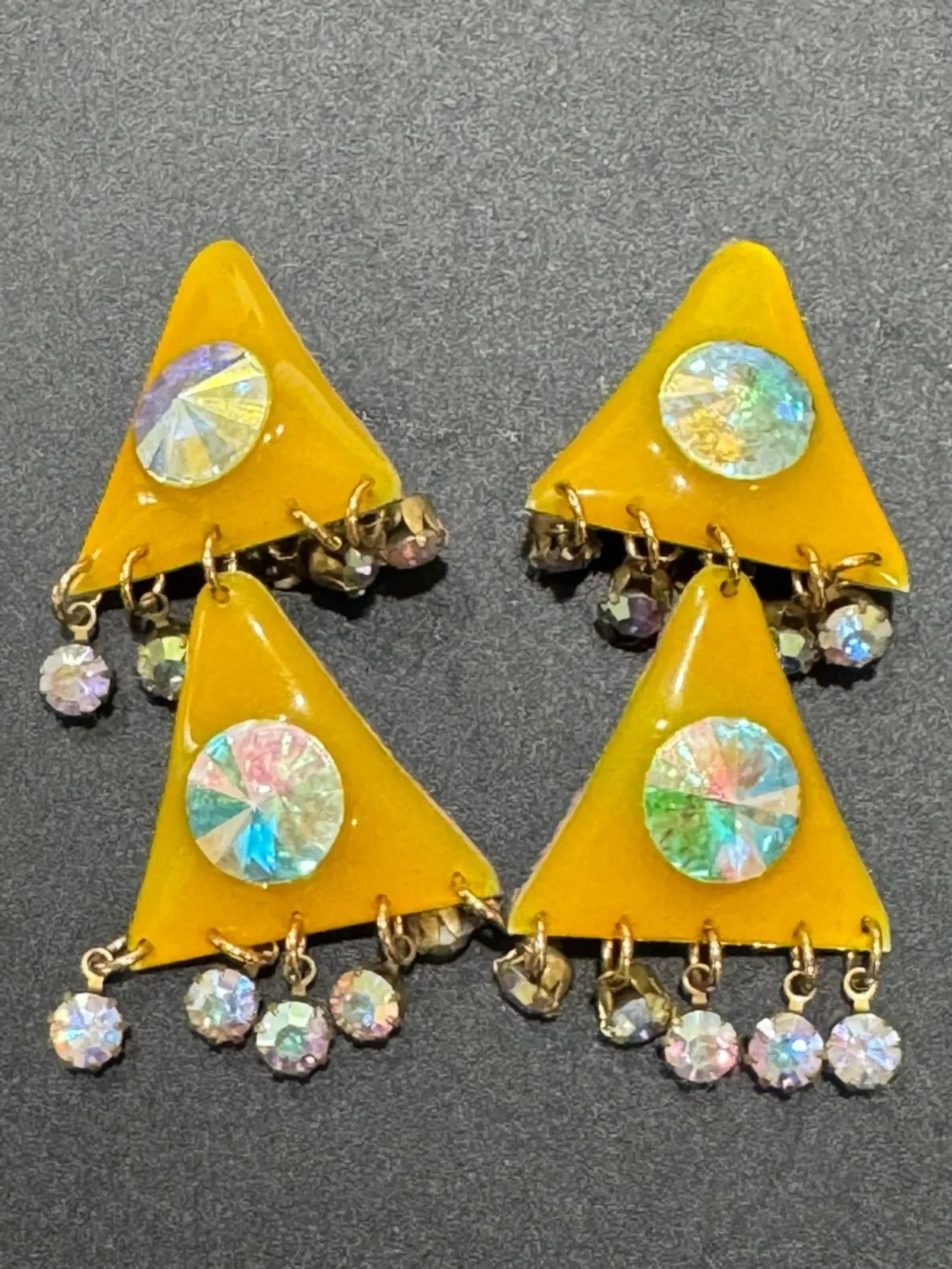80s Vintage Yellow Resin Triangle‎ Drop Earrings with Holographic AB Crystals